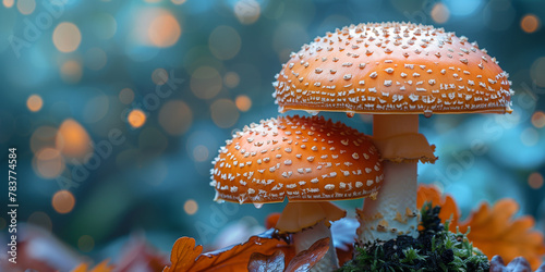 Close up view of two mushrooms growing on a plant copy space