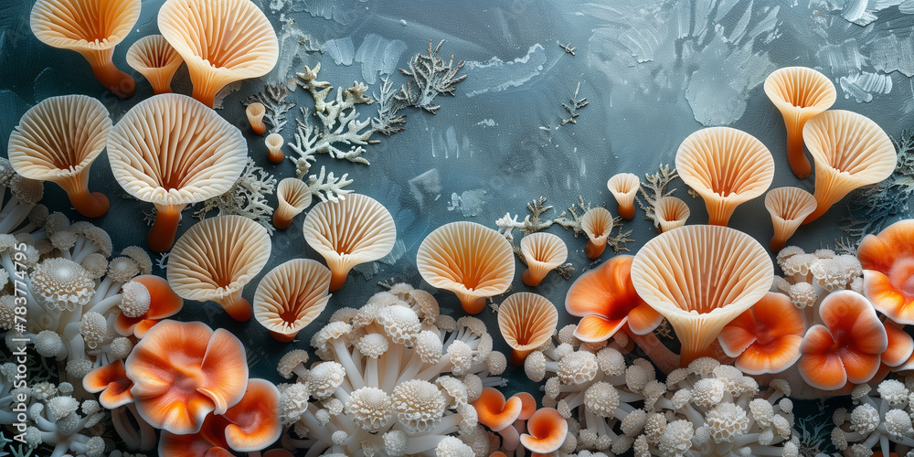 A cluster of vibrant orange and white sea anemones in the ocean copy space A cluster of vibrant orange and white sea anemones in the ocean copy space
