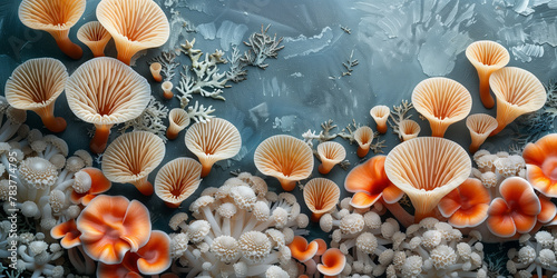 A cluster of vibrant orange and white sea anemones in the ocean copy space photo