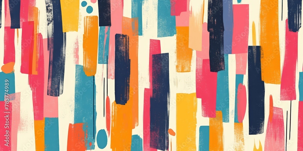 Abstract background with colorful brush strokes and vertical stripes in pink, blue, orange and yellow colors. 
