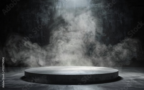 Gray textured concrete platform podium or table with smoke in the dark