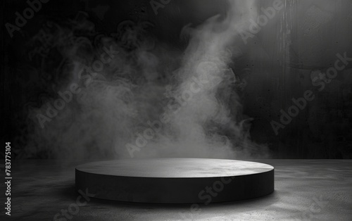 Gray textured concrete platform podium or table with smoke in the dark