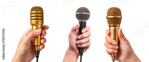Set of microphones in hand isolated on white or transparent background. Close-up of a golden and gray microphones in hand. The concept of creativity, music competition, song performance.