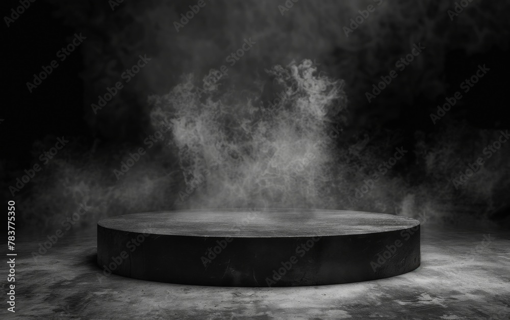 Gray textured concrete platform podium or table with smoke in the dark