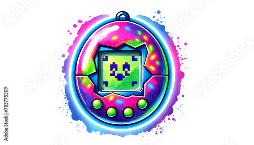 A neon-lit Tamagotchi, capturing the playful essence of the 90s digital pets era photo