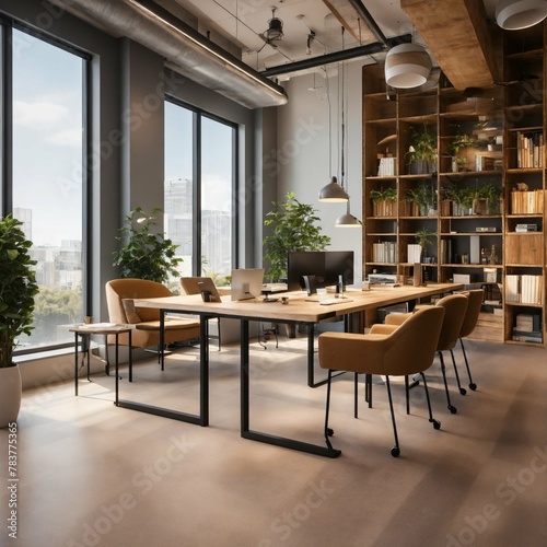 A photo of a modern office space. The office is bright and airy  with plenty of natural light. The furniture is modern and stylish  and the overall atmosphere is relaxed and comfortable.