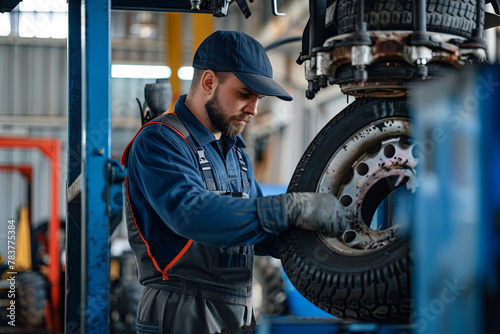 male tire changer In the process of checking the condition of new tires that are in stock to be replaced photo