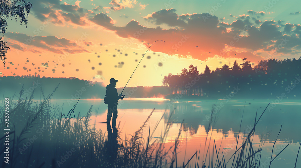 A man is fishing in a lake with a beautiful sunset in the background. The scene is peaceful and serene, with the man enjoying the tranquility of the moment