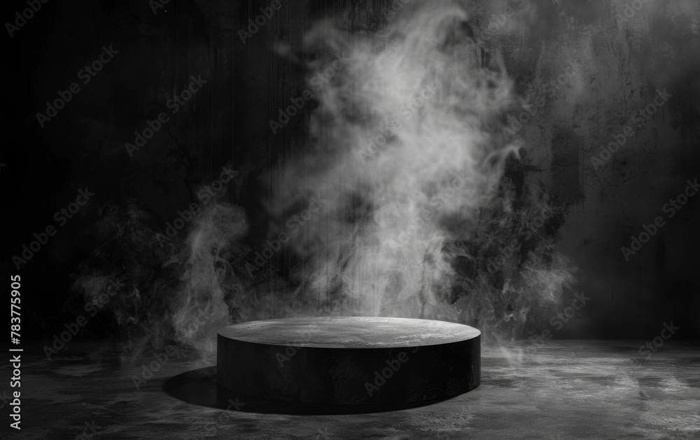 Gray textured concrete platform podium or table with smoke in the dark