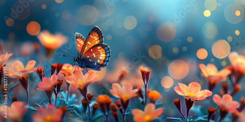 A butterfly in flight above a vibrant field of blooming flowers copy space © alenagurenchuk