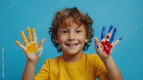 Portrait of cute little child playing with painted hands against blue colored background