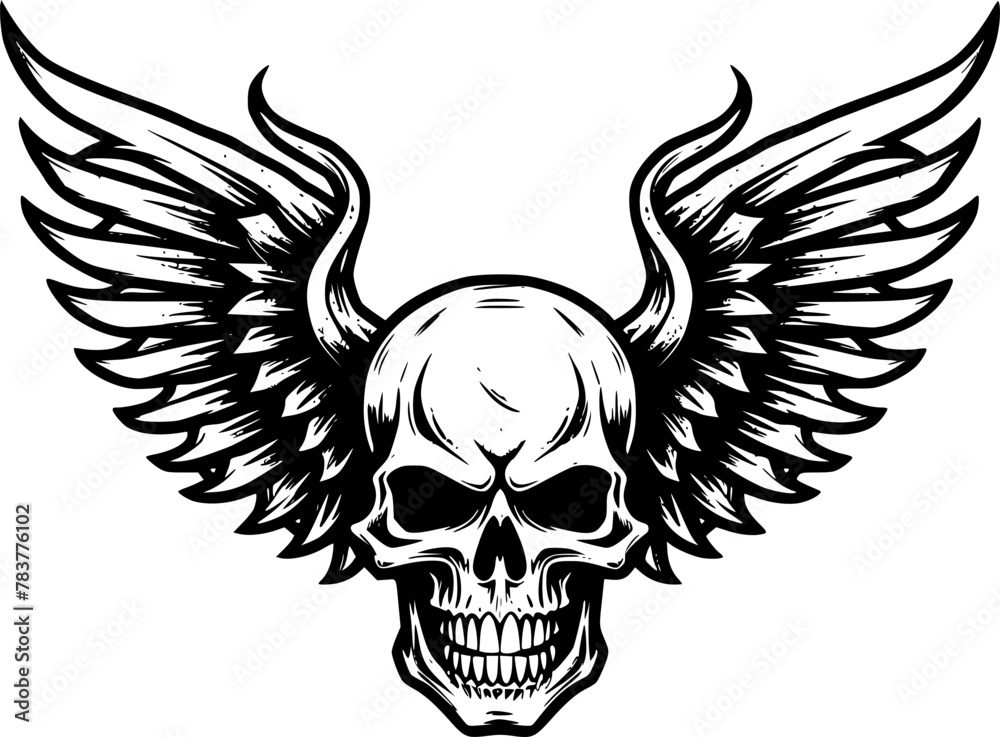 Fototapeta premium Skull With Wings | Black and White Vector illustration