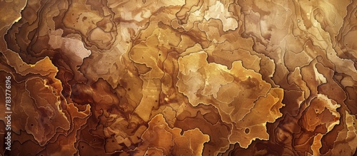 Close-up view of a painting displaying intricate details of a tree trunk, artistically crafted with brown and yellow hues
