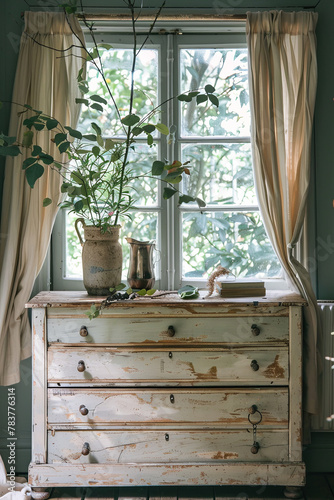 Antique dresser near a window photo