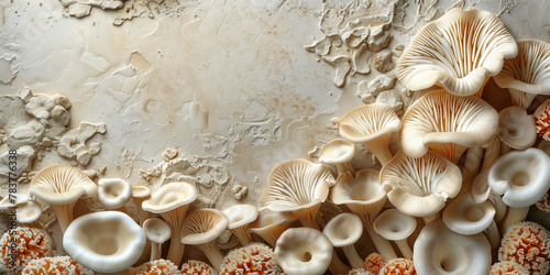 Numerous mushrooms fungi growing in a cluster on a vertical surface indoors banner copy space