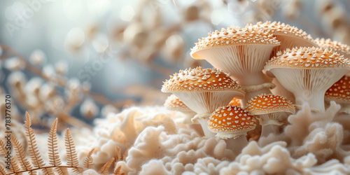 Several mushrooms fungi clustered on top of a heap of soil