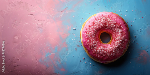A pink donut with colorful sprinkles on a vibrant blue and pink backdrop banner