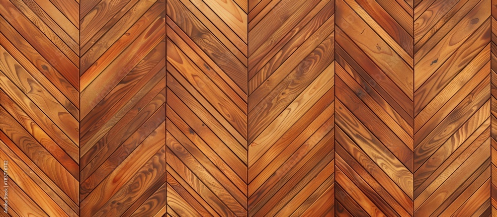 Close-up view of a wooden floor featuring a detailed herringbone pattern, creating a visually appealing texture for interior design - obrazy, fototapety, plakaty 