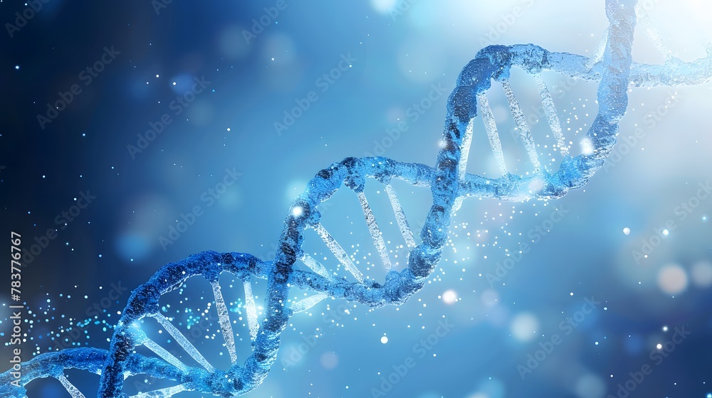 A DNA double helix floating in space, with blue and white tones, light background. For hospitals, healthcare, pharmaceuticals, genetic testing, CDMO, CRO - obrazy, fototapety, plakaty 