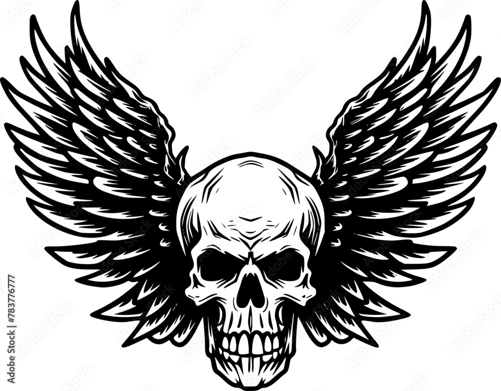 Obraz premium Skull With Wings | Black and White Vector illustration