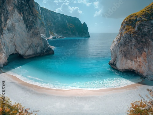 A beautiful beach with a blue ocean and a cliff in the background. The beach is surrounded by rocks and the water is calm