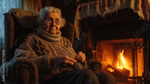 Elderly woman knitting by the fireplace in a cozy home