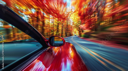 A vibrant view from a moving car showing speed-induced motion blur of autumn leaves on a forest road