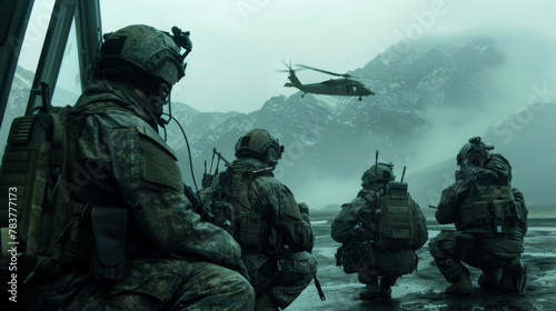 A gripping depiction of military soldiers boarding a chopper amidst foggy mountains, capturing the essence of readiness and operation photo