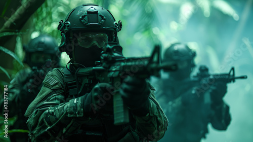 An intense scene portraying armed special ops soldiers in deep focus among lush green foliage, indicative of stealth and precision