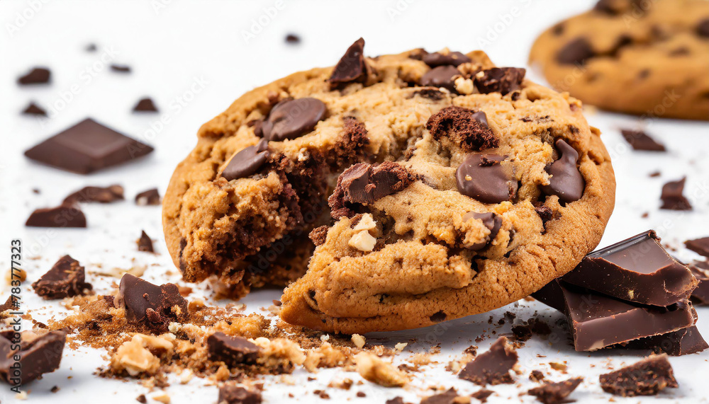 Crumbled chocolate chip cookie with visible chunks of chocolate and scattered crumbs. Sweet treat. Crumbled chocolate chip cookie with visible chunks of chocolate and scattered crumbs. Sweet treat.