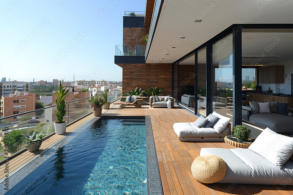 A spacious swimming pool situated on the rooftop of a modern city building mockup