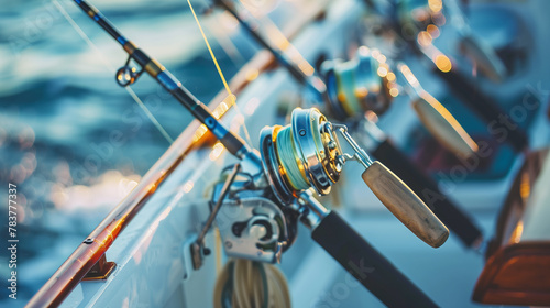 A group of fishing rods are lined up on a boat. The rods are of different sizes and colors, and they are all in the water. Concept of excitement and anticipation for a day of fishing