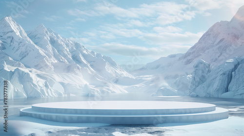 Round podium scene with an ice lake and snowy mountain background for product display, presentation, or as a backdrop