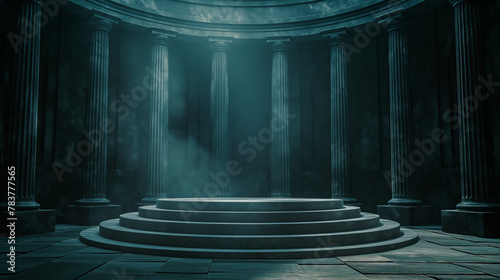 A large circular podium with an ancient Roman style, surrounded by stone pillars and arches for a product presentation mock up. The background is dark and the light shines on it from above photo