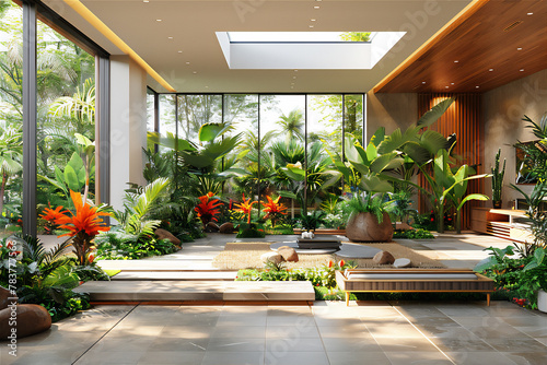 Tropical theme of modern living room with lush green plants, large glass windows and sun roof 