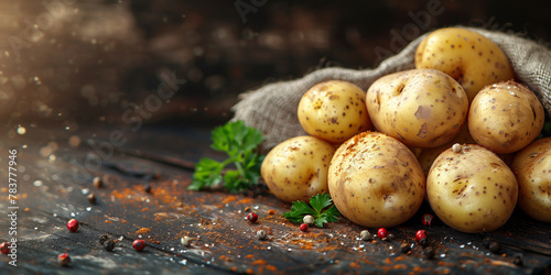 A stack of potatoes arranged neatly on top of a rustic wooden table banner copy space photo