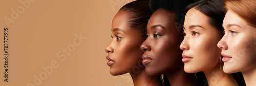 Photo of a diverse group of women with different skin tones, showcasing the beauty and diversity in their appearances on a beige background with copy space