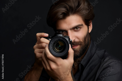 Photographer at work, taking photos, holding the camera in front of his face, looking at you through it. The background is black with copy space