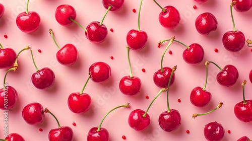 Fresh Red Cherries on Pink Background