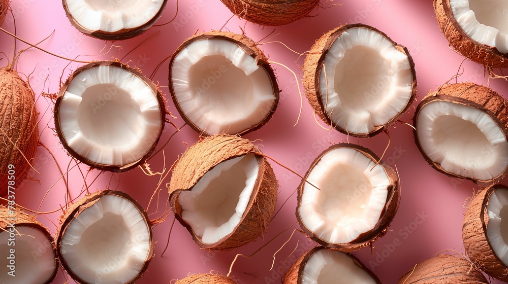 Halved Coconuts Arranged on Pink Background
