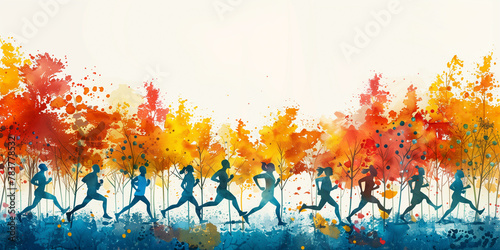 Painting showing multiple individuals running together banner copy space photo