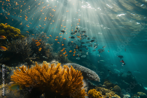 Underwater scene in El Nido, showcasing the vibrant marine life and coral reefs, clear focus on the underwater biodiversity, natural light filtering through water © Nii_Anna