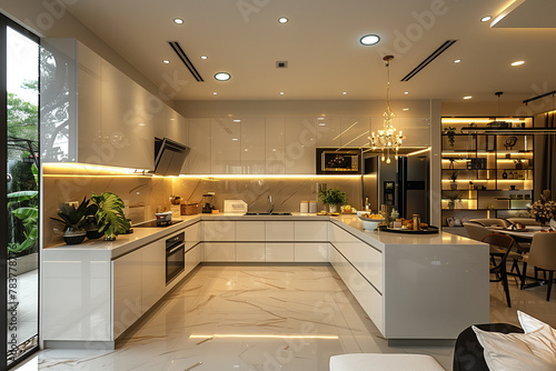 A large kitchen featuring abundant counter space for food preparation and storage mockup photo