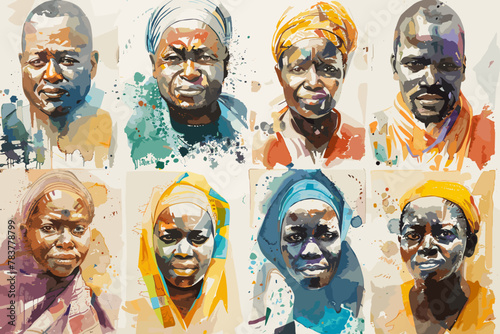 Watercolor African people in blue hues