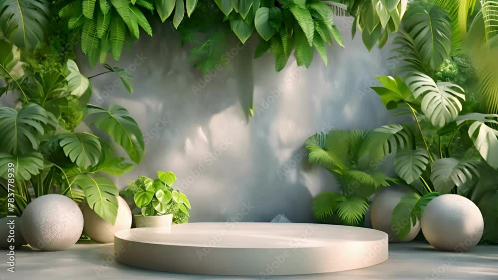 3d white podium with nature background. leaf and rock on the background with relaxing vibes. 3d rendering 