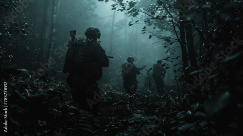 Armed soldiers trek through a misty, mystical forest, an air of suspense and mystery enveloping them