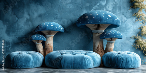 Blue mushrooms fungi gathered on a matching blue floor banner mockup