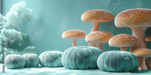 Multiple mushrooms fungi arranged on top of a table banner copy space mockup