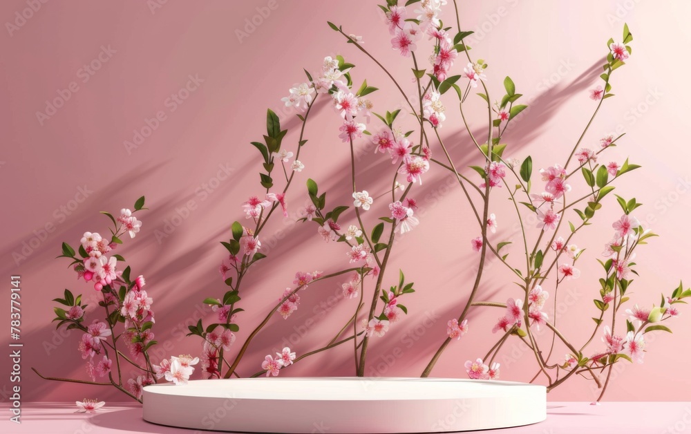 minimal abstract background, podium display with pink cherry bossom background for product presentation. 3d rendering minimal abstract background, podium display with pink cherry bossom background for product presentation. 3d rendering
