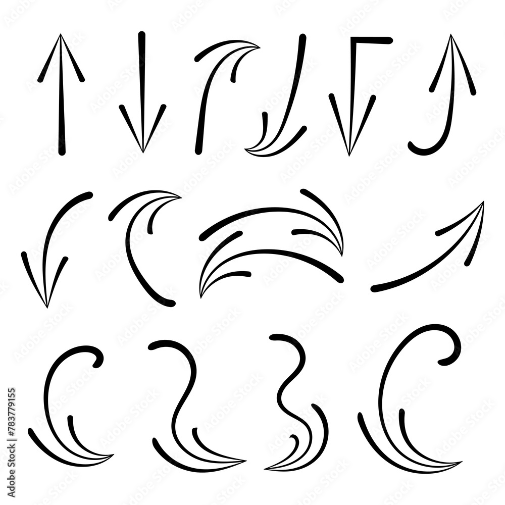 Set of arrows. Hand drawn arrows. Collection of black arrows of different directions. Thick arrows drawn with a round brush Set of arrows. Hand drawn arrows. Collection of black arrows of different directions. Thick arrows drawn with a round brush